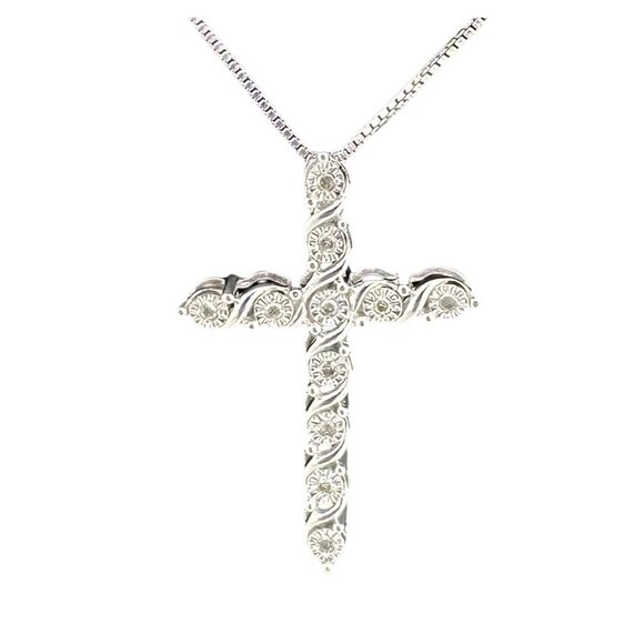 Beautiful Cross Necklace with Natural Diamonds in Illusion Setting and 18" Sterl - Picture 1 of 10
